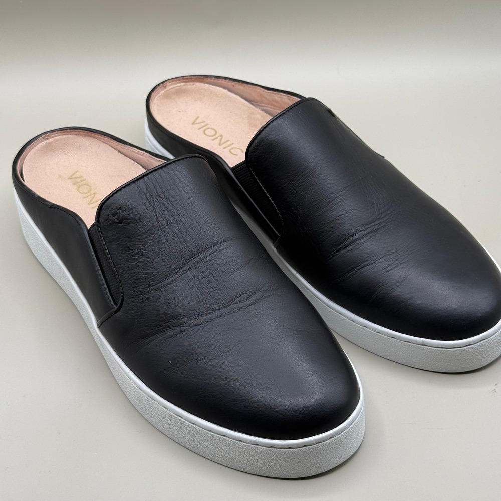 Vionic Dakota Black Leather Slip On‎ Mule Sneakers Shoes Women Size 9